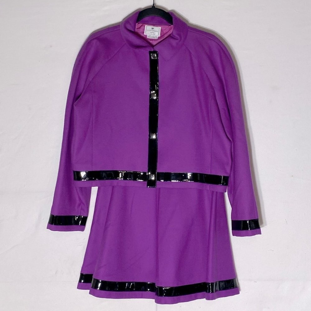 Vintage Courrèges Paris Purple Wool Skirt Blazer Set With Patent Leather Trim 44